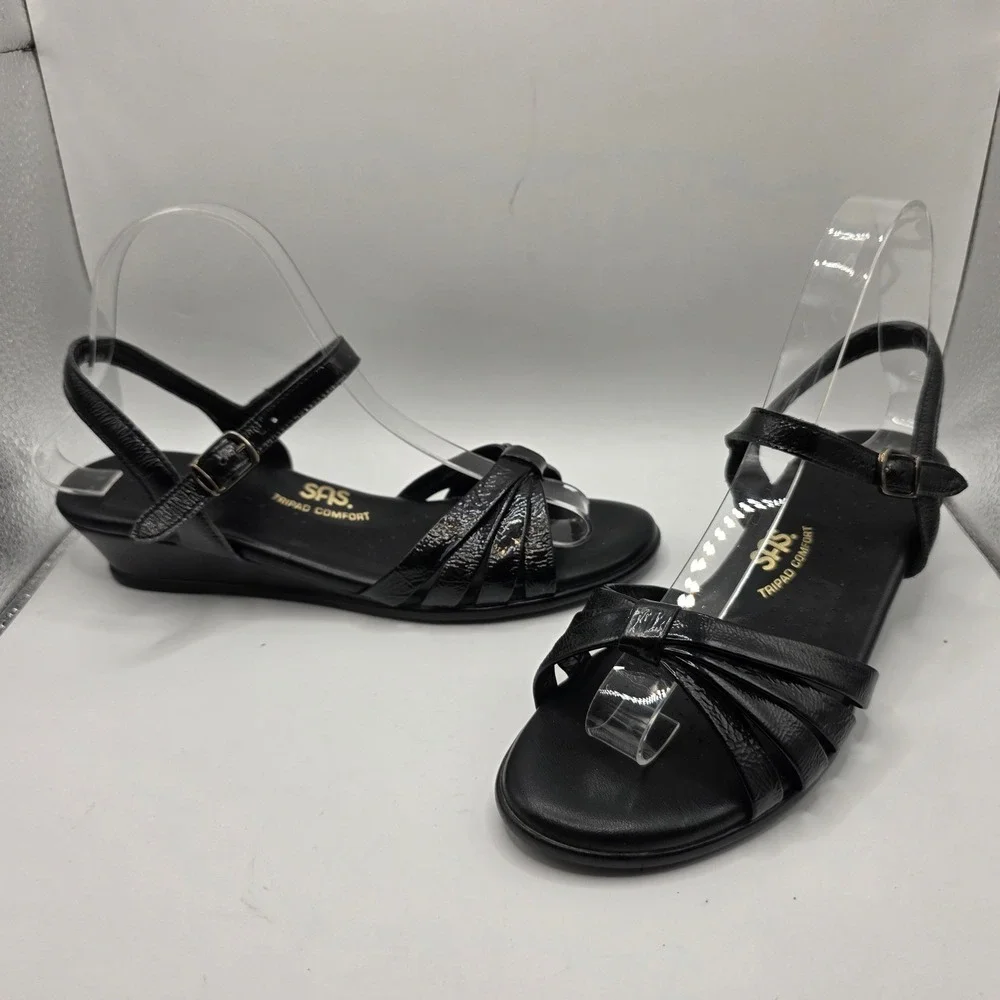 SAS Tripad Comfort Black Patent Leather Wedge Sandals Womens 8 N Made in USA